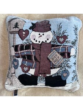 Vintage Fashion Brand Tapestey Winter Snowman Scene 12” Throw Pillow